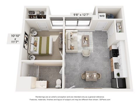 Floor plan for 1 bed, 1 bath, 670 sqft